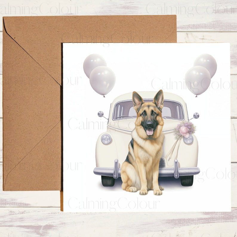 German Shepherd and Wedding Car | Wedding Card | Calming Colour