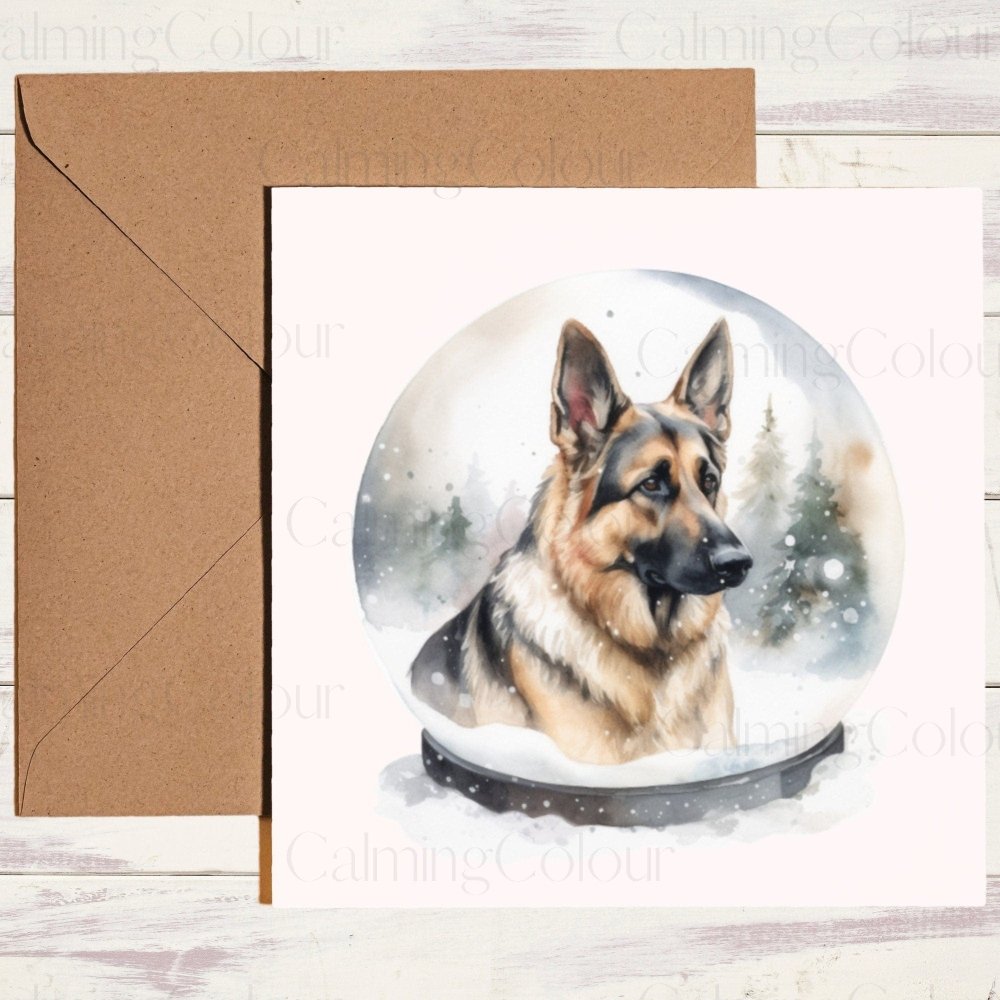 German Shepherd in a Snow Globe | Christmas Card | Calming Colour