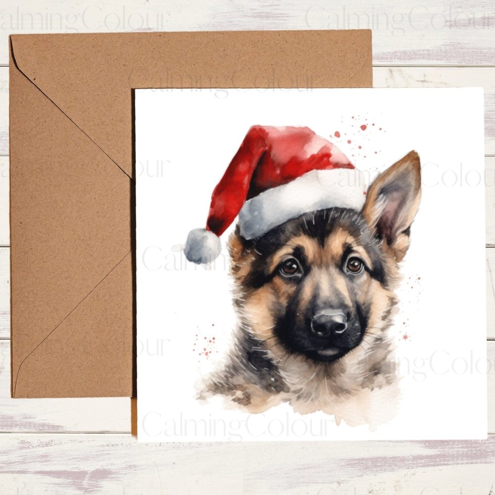 German Shepherd Puppy wearing Red Santa Hat | Christmas Card | Calming Colour