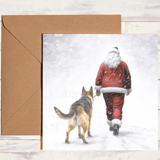 German Shepherd Walking with Santa Christmas Card | Christmas Card