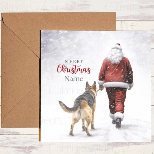 Personalised German Shepherd Christmas card walking with Santa and name