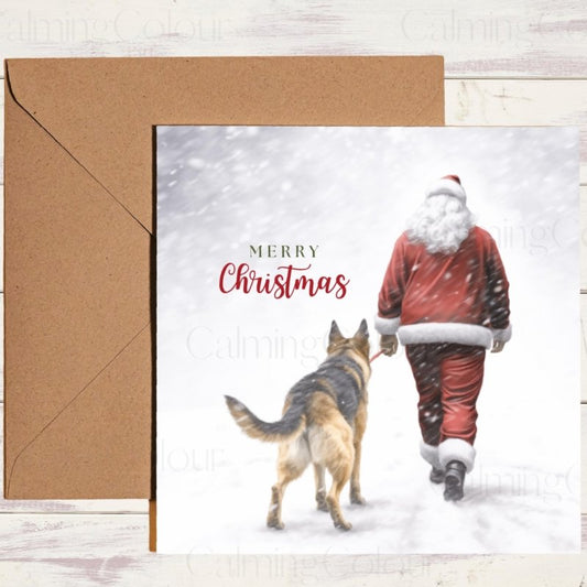 German Shepherd Walking with Santa Christmas Card | Christmas Card