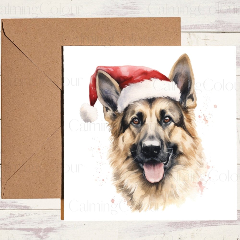 German Shepherd wearing Red Santa Hat | Christmas Card | Calming Colour