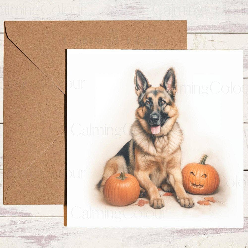 German Shepherd with a Pumpkin | Birthday Card | Halloween | Calming Colour