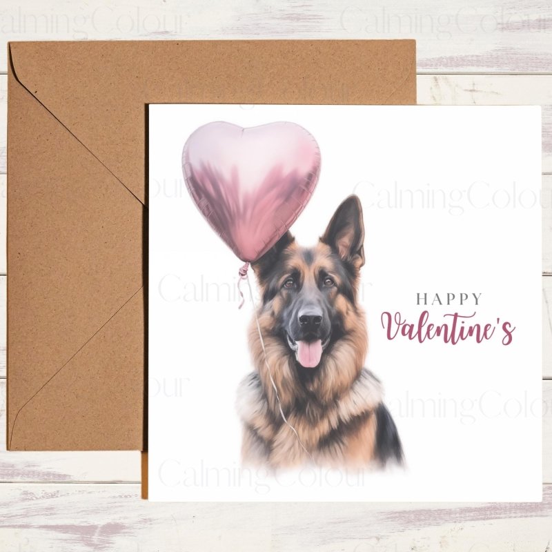 German Shepherd with Heart Balloon | Valentine's Card | Valentine's Day
