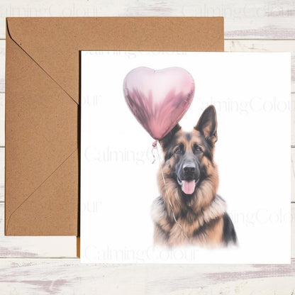 German Shepherd with Heart Balloon | Valentine's Card | Valentine's Day