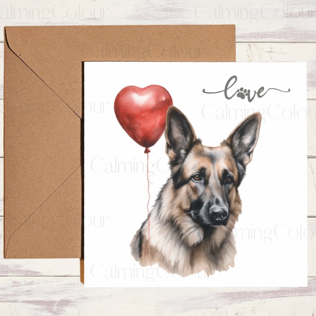 German Shepherd with Red Balloon | Greeting Card | Calming Colour