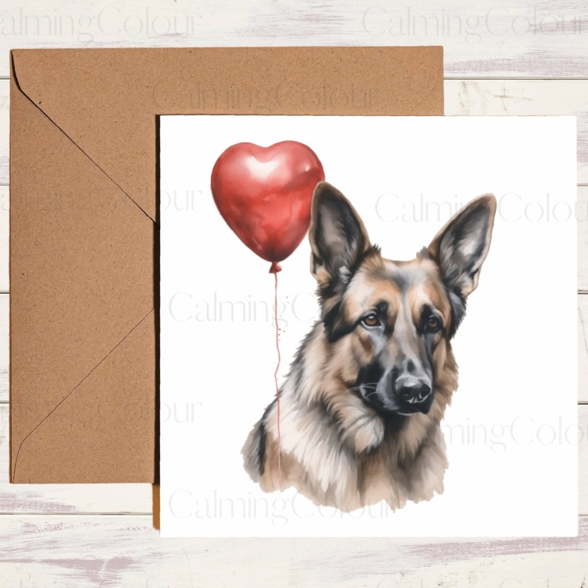 German Shepherd with Red Balloon | Greeting Card | Calming Colour