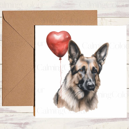 German Shepherd with Red Balloon | Greeting Card | Calming Colour