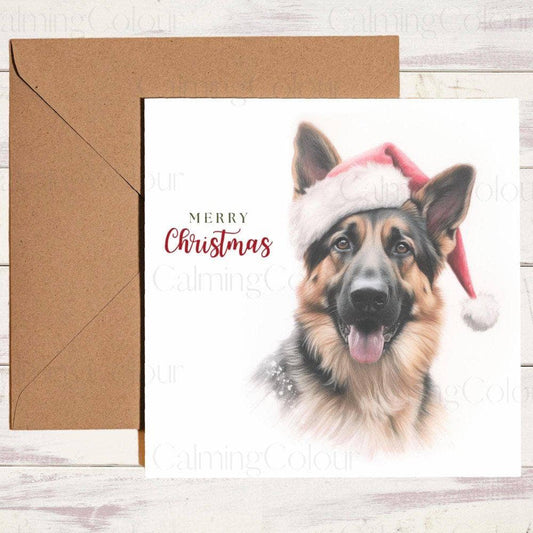 German Shepherd with Red Santa Hat | Christmas Card | Calming Colour