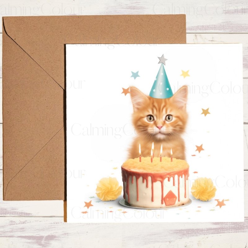 Ginger Cat in Party Hat with Cake | Birthday Card | Birthday Card