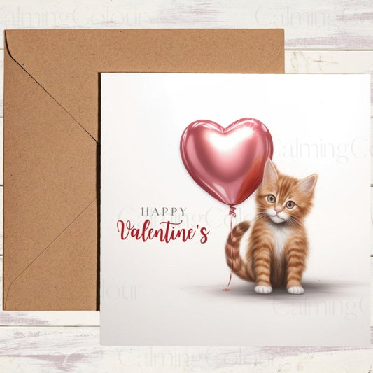Ginger Cat with Heart Balloon | Valentine's Card | Valentine's Day
