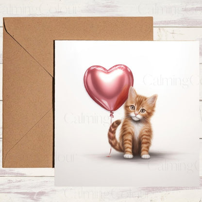 Ginger Cat with Heart Balloon | Valentine's Card | Valentine's Day