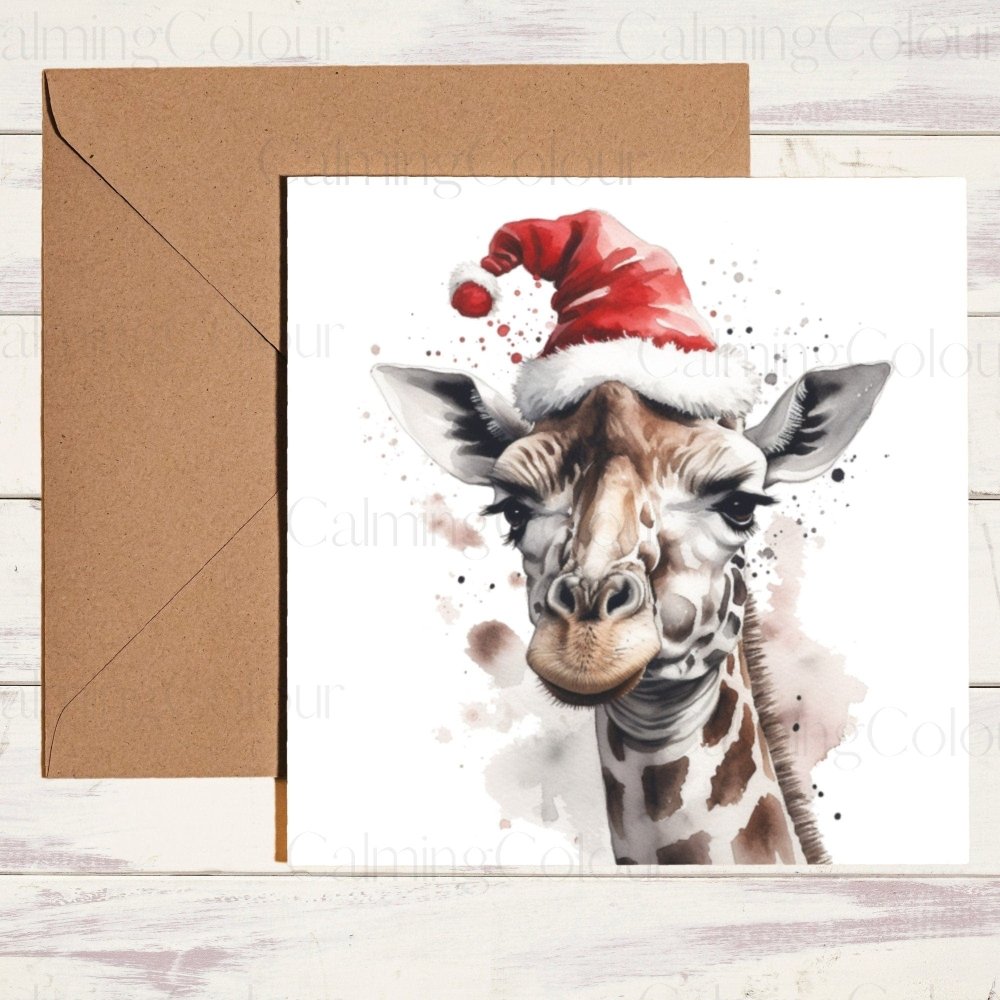 Giraffe wearing Red Santa Hat | Christmas Card | Card for Animal Lover | Calming Colour