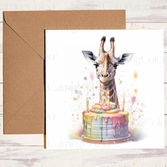 Giraffe with Colourful Cake | Birthday Card | Birthday Card