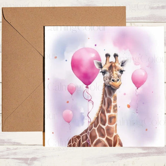 Giraffe with Pink Balloon | Greeting Card | Single Card | Calming Colour