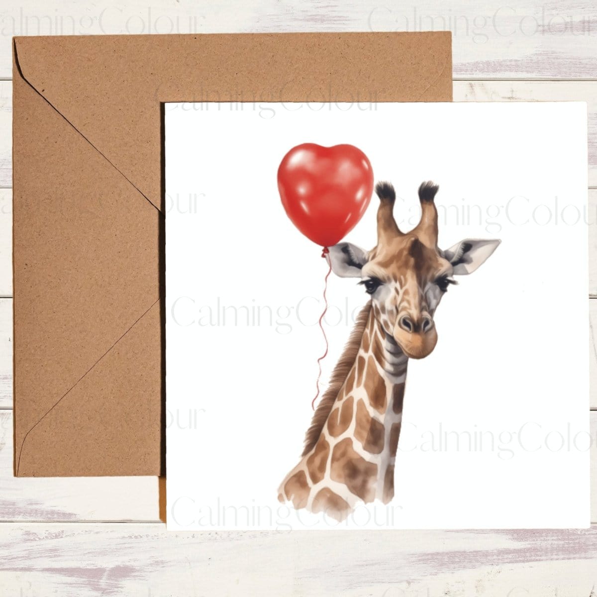 Giraffe with Red Balloon | Greeting Card | Single Card | Calming Colour