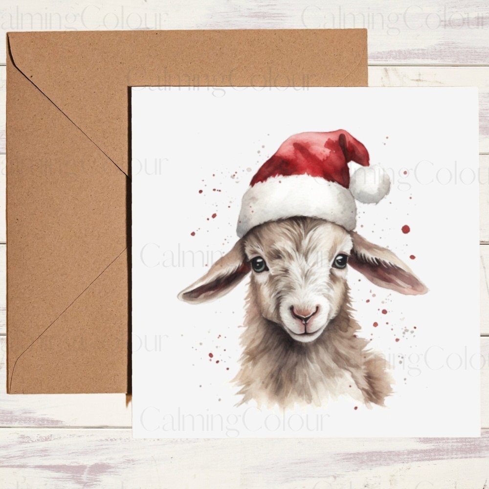 Goat wearing Red Santa Hat | Christmas Card | Card for Animal Lover | Calming Colour