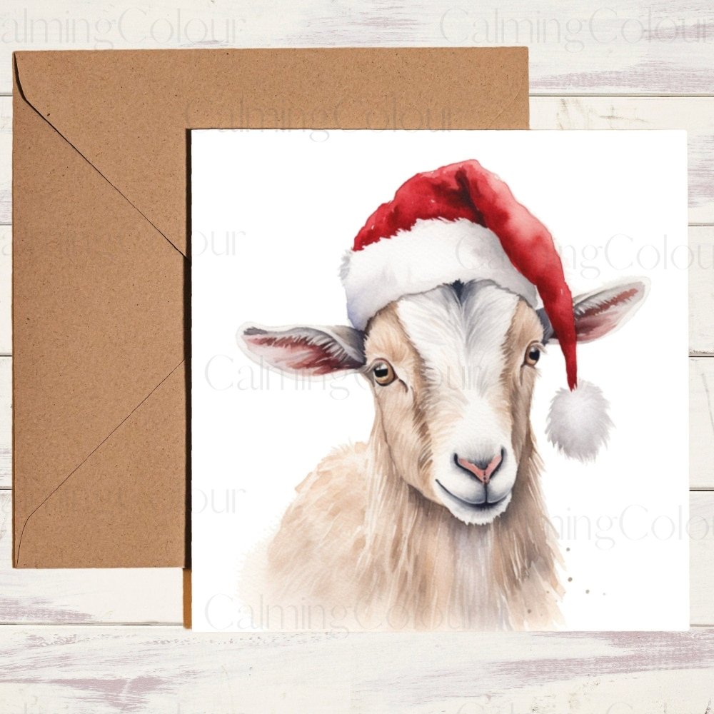 Goat wearing Red Santa Hat | Christmas Card | Calming Colour