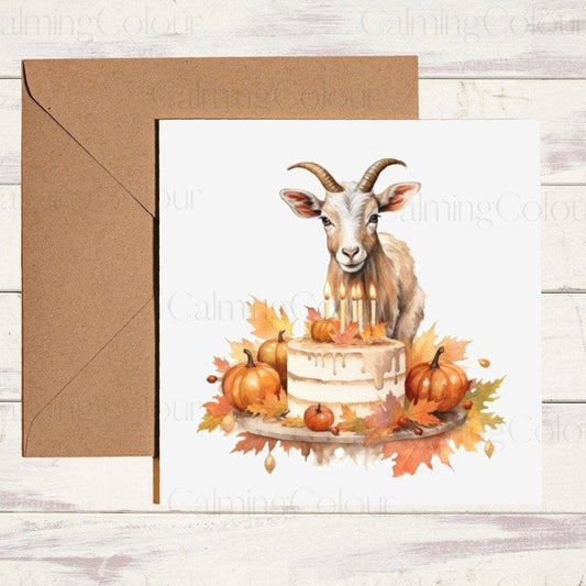 Goat with Autumn Birthday Cake | Birthday Card | Halloween | Calming Colour