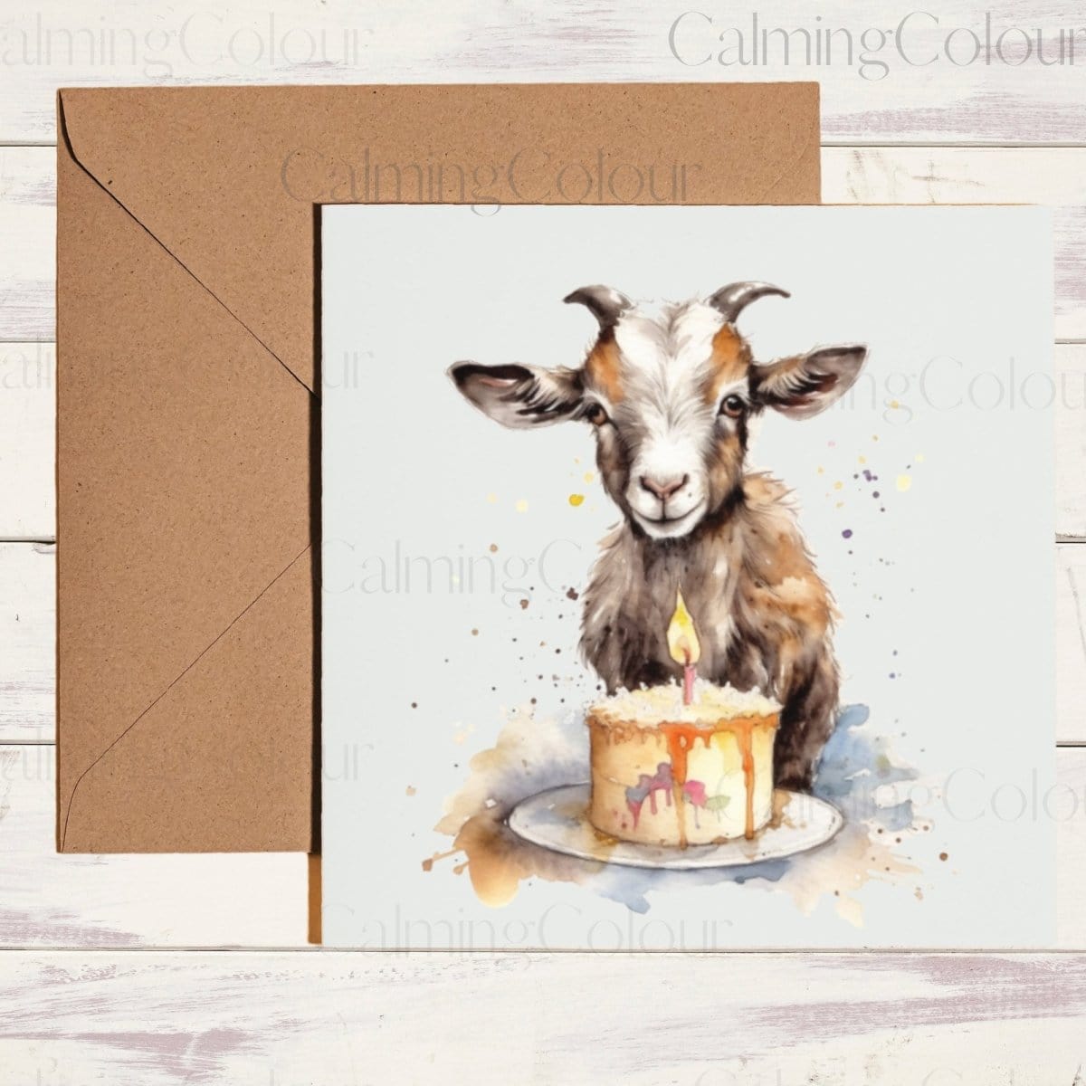 Goat with Birthday Cake | Card for Goat Lover | Calming Colour