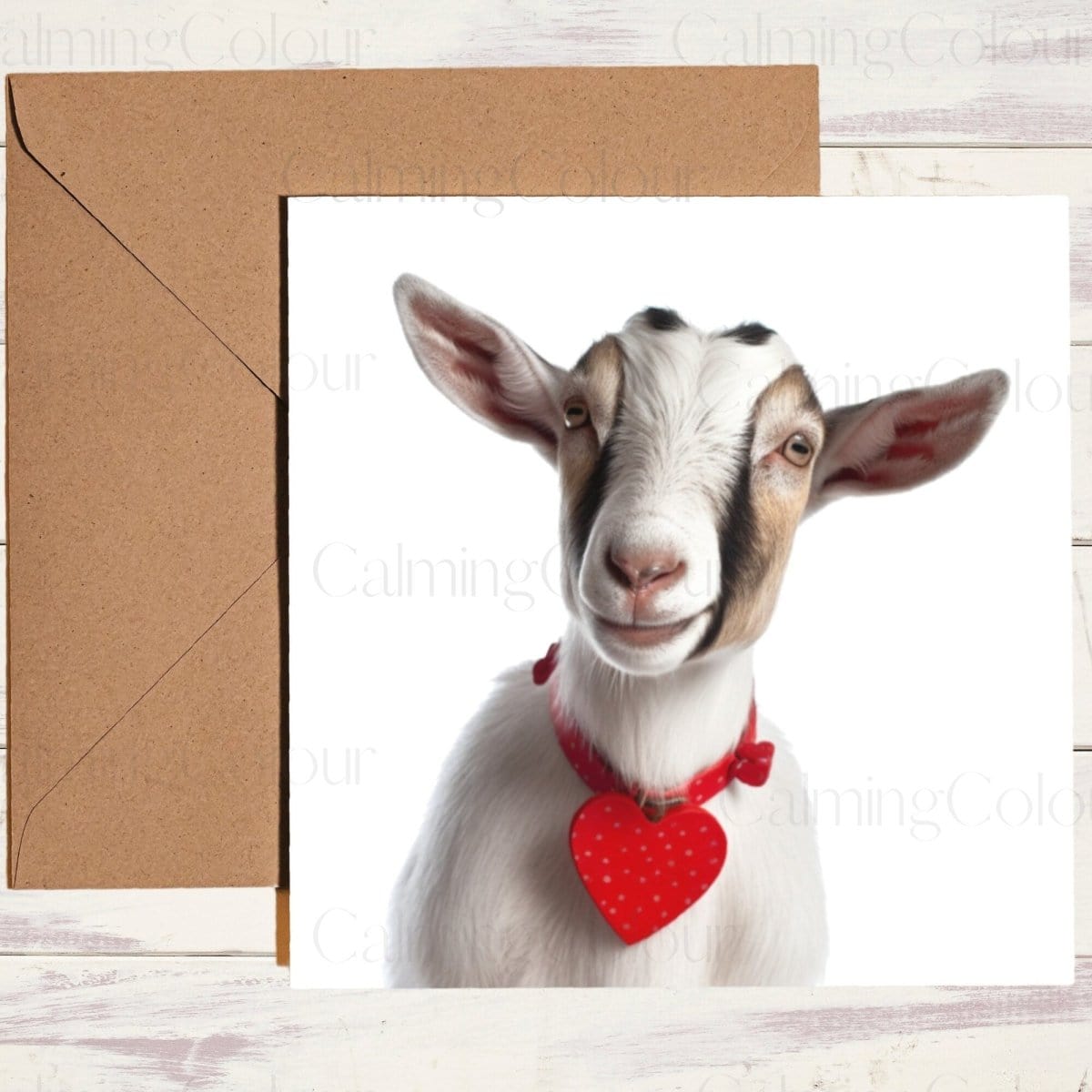 Goat with Red Heart Collar | Greeting Card | Single Card | Calming Colour