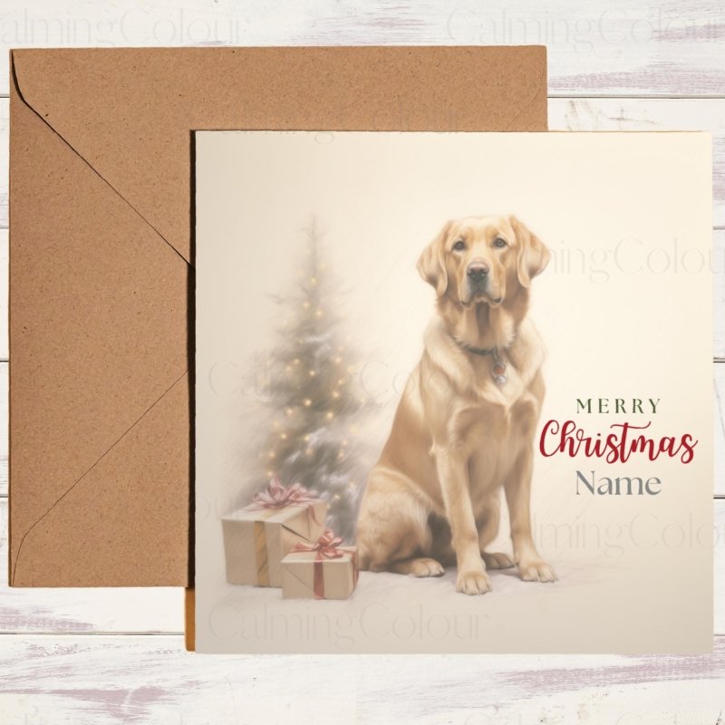 Gold Labrador by Christmas Tree | Christmas Card | Christmas Card