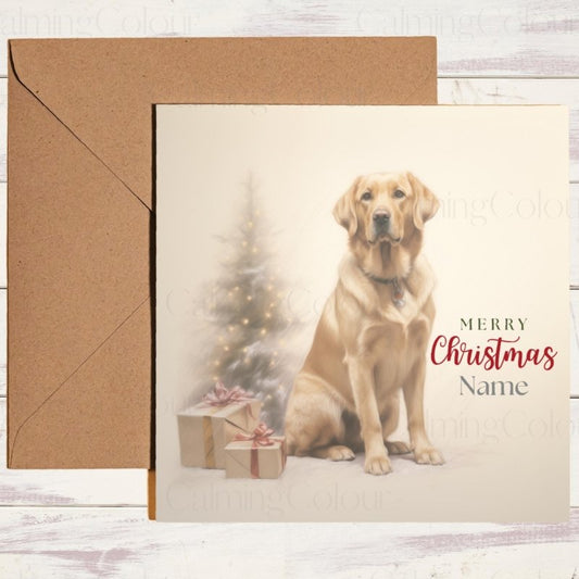 Gold Labrador by Christmas Tree | Christmas Card | Christmas Card