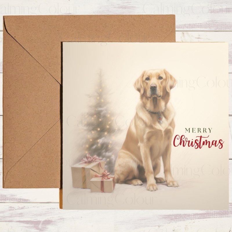 Gold Labrador by Christmas Tree | Christmas Card | Christmas Card