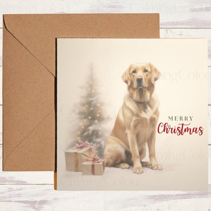Gold Labrador by Christmas Tree | Christmas Card | Christmas Card