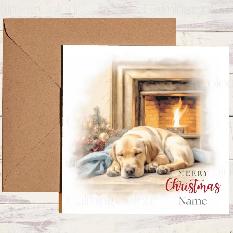 Gold Labrador by Fireplace | Christmas Card | Christmas Card