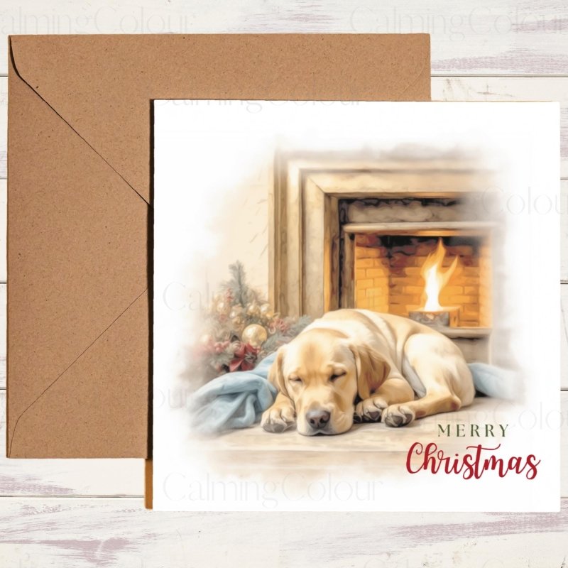 Gold Labrador by Fireplace | Christmas Card | Christmas Card