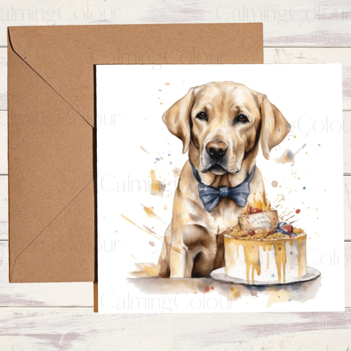 Gold Labrador with Cake | Birthday Card | Calming Colour