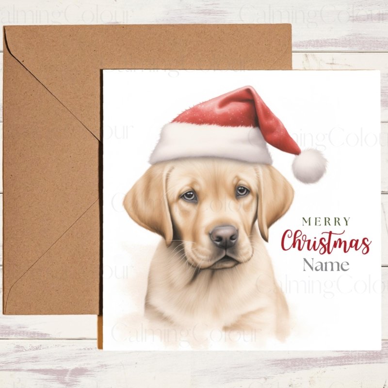 Gold Labrador Puppy | Red Santa Hat Christmas Card | Christmas Card