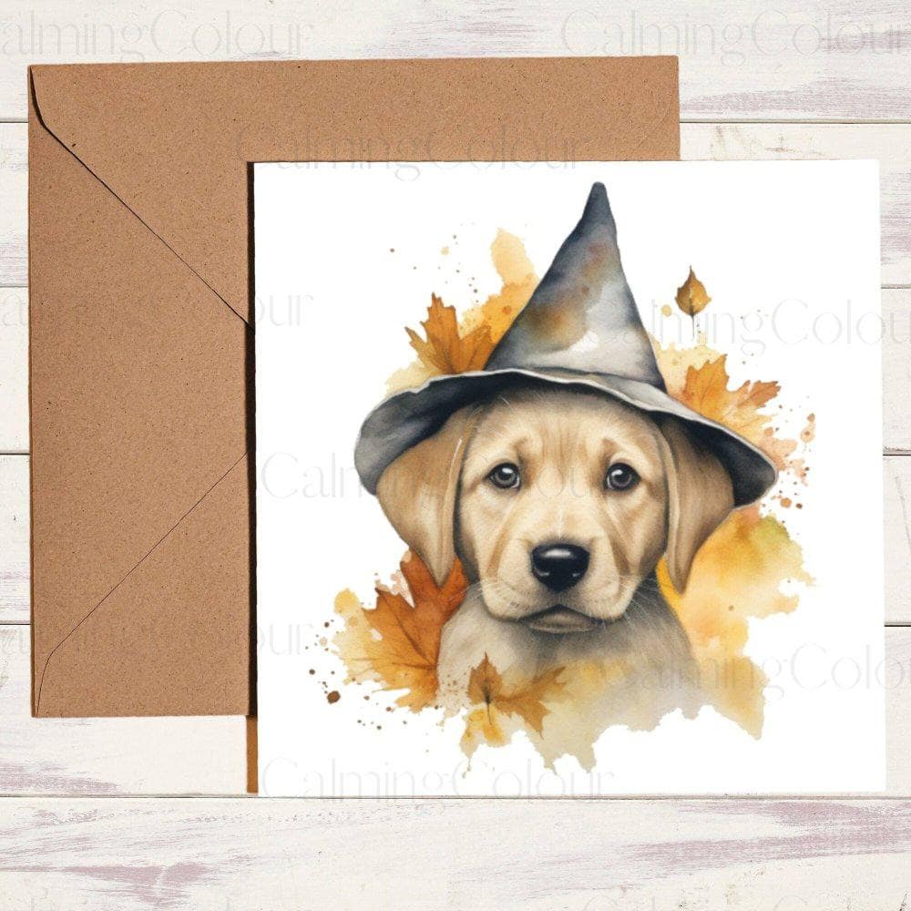 Gold Labrador Puppy wearing Witches Hat | Birthday Card | Halloween | Calming Colour