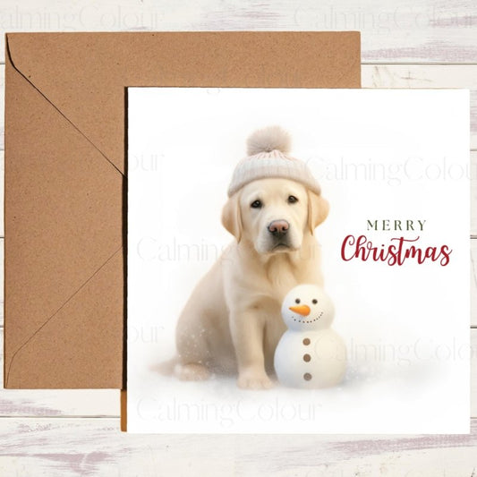 Gold Labrador Puppy with Mini Snowman | Christmas Card | Christmas Card
