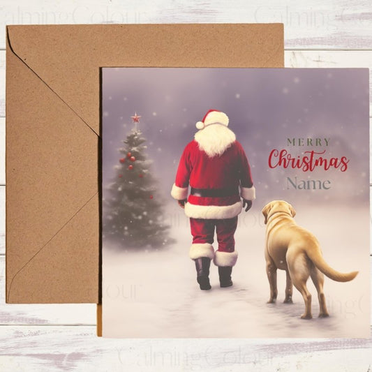Personalised Gold Labrador Christmas card walking with Santa and name