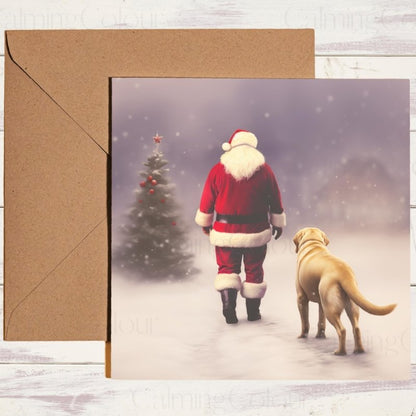 Gold Labrador Walking with Santa Christmas Card | Christmas Card