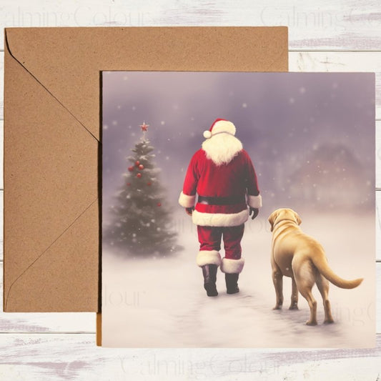Gold Labrador Walking with Santa Christmas Card | Christmas Card