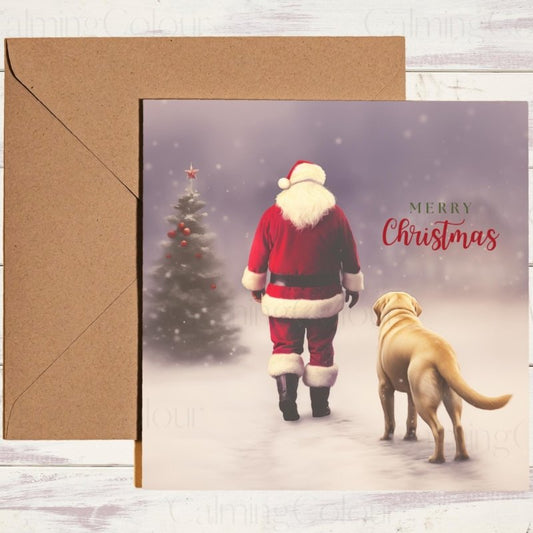 Gold Labrador Walking with Santa Christmas Card | Christmas Card
