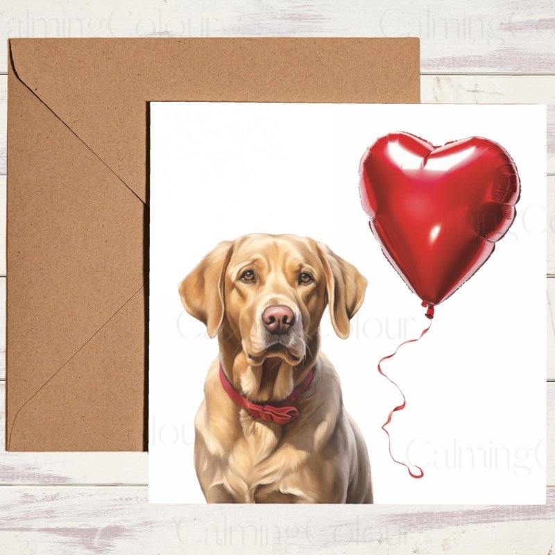 Gold Labrador with Heart Balloon | Valentine's Card | Valentine's Day