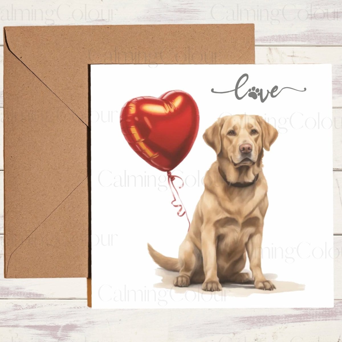 Gold Labrador with Red Balloon | Greeting Card | Calming Colour