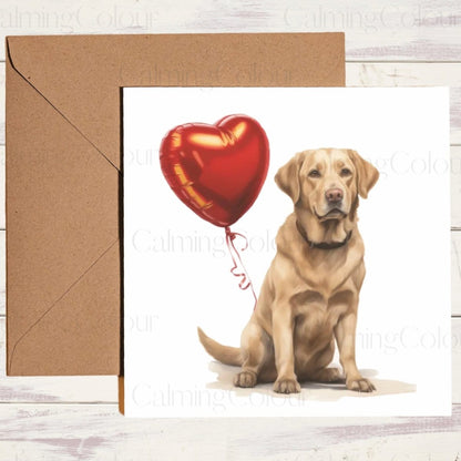 Gold Labrador with Red Balloon | Greeting Card | Calming Colour