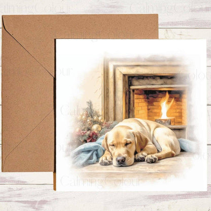 Golden Labrador Sleeping next to Log Fire | Christmas Card | Christmas Card