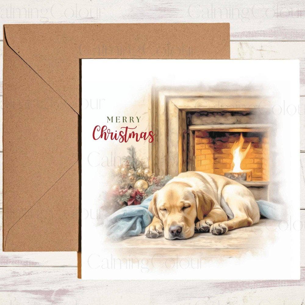 Golden Labrador Sleeping next to Log Fire | Christmas Card | Christmas Card