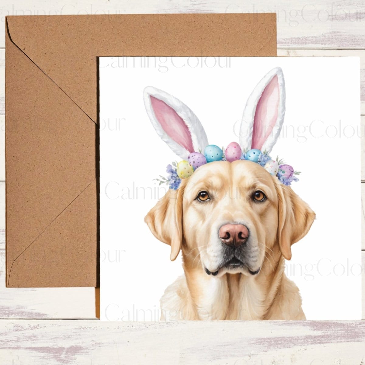 Golden Labrador wearing Easter Bunny Ears | Easter Card | Calming Colour