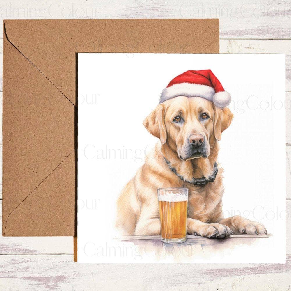 Golden Labrador with Red Santa Hat and a Pint | Christmas Card | Christmas Card