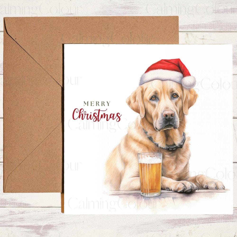 Golden Labrador with Red Santa Hat and a Pint | Christmas Card | Christmas Card