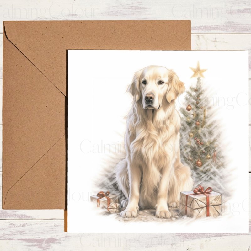 Golden Retriever by Christmas Tree | Christmas Card | Christmas Card (Personalised)