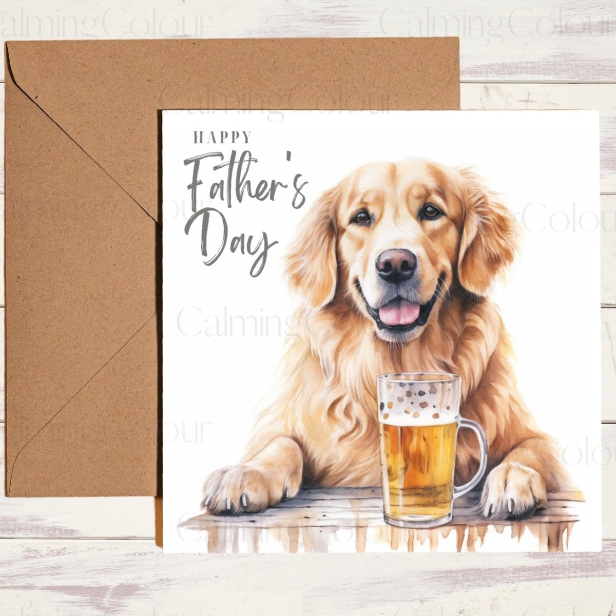 Golden Retriever with a Pint Glass | Father's Day Card | Calming Colour